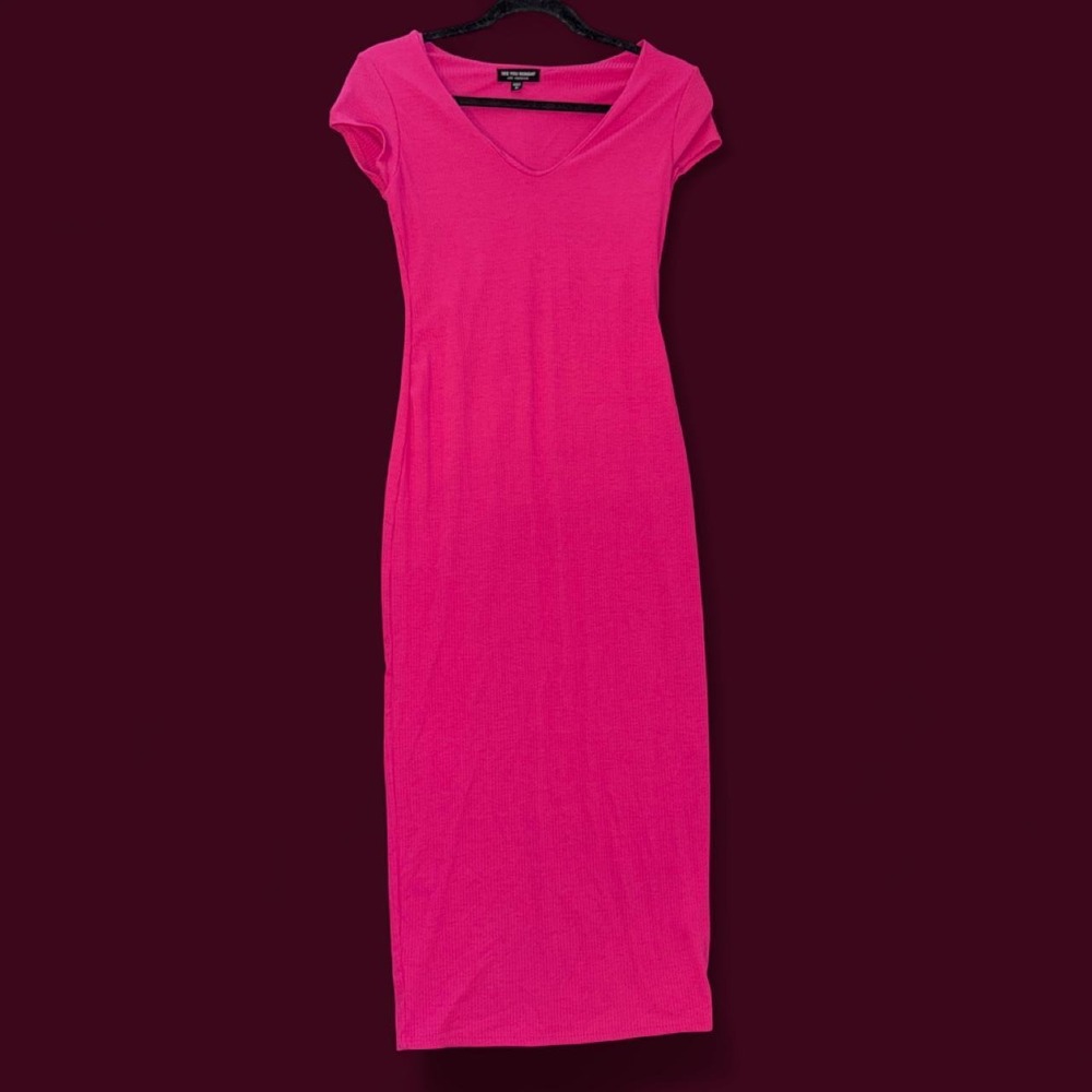 See You Monday Women's Hot Pink Ribbed Midi Dress Size M V Neck Bodycon